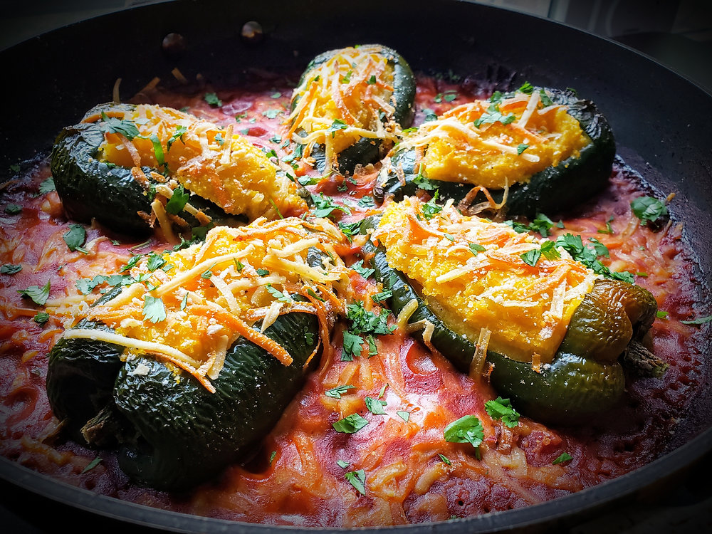 Surprisingly Simple Vegan Polenta Stuffed Poblano Peppers